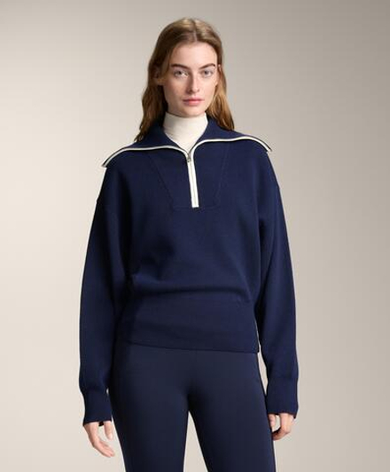 Oysho Свитер с высоким воротником и молнией до уровня груди, синий