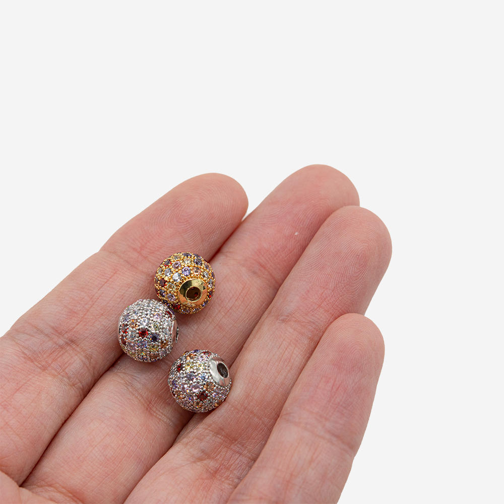 Бусина с разноцветными фианитами, 10мм, родирование