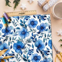 Ткань премиум бифлекс голубая цветочная фантазия