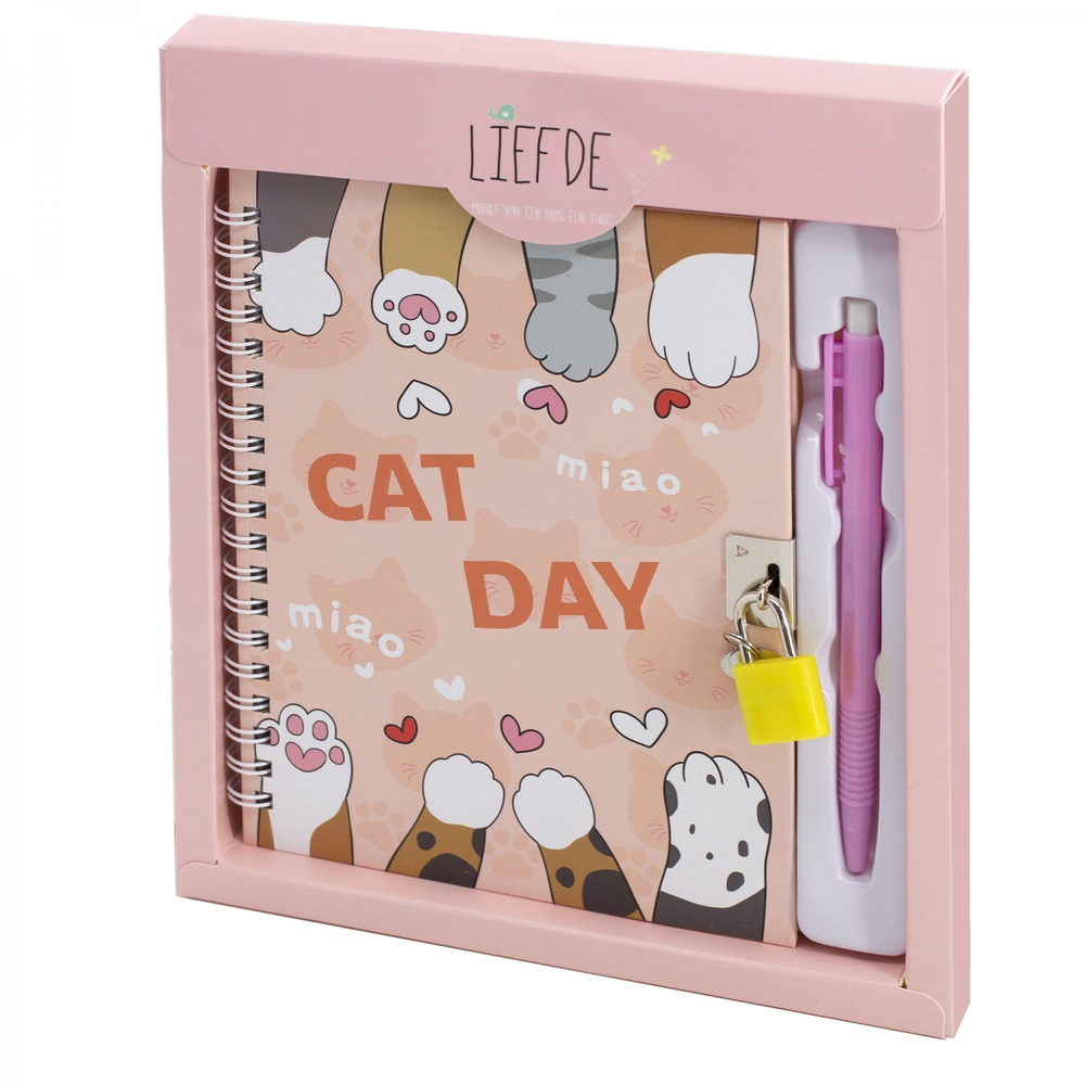 Блокнот в футляре, 18 см * 22 см, гребень, Alingar, мат.ламин, ручка, замочек, диз. блок, линия, 45 л., "Лапки", персиковый