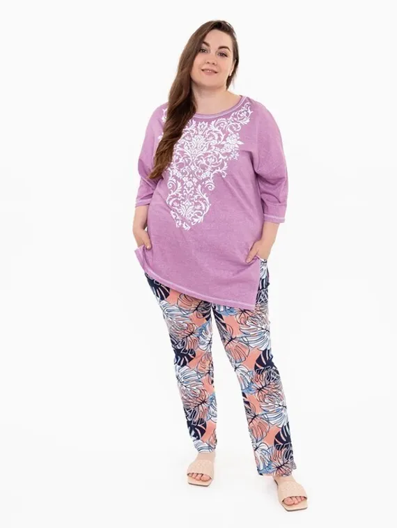 Брюки женские с принтом, цвет белый/розовый, размер 52