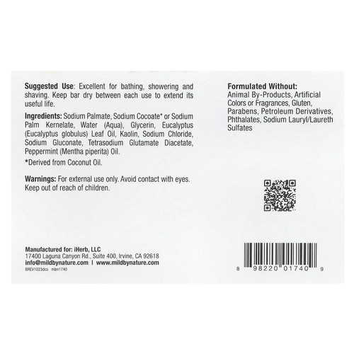 Mild By Nature, очищающее кусковое мыло с глиной, с ароматом эвкалипта и перечной мяты, с ископаемой глиной, 141 г (5 унций)