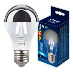 LED-A60-4W-4000K-E27-CL MIRROR-CHROME PLS02WH Лампа светодиодная. Форма A. прозрачная колба с зеркальным отражателем. Серия Sky. Белый свет 4000K. Картон. ТМ Uniel