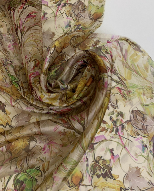 Шифон принт, silk, листья, ветки коричн/зеленый на беж RH D9C1