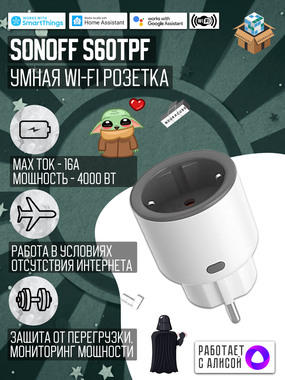 Умная WiFi розетка Sonoff S60TPF, 16А/4000Вт (Работает с Алисой)