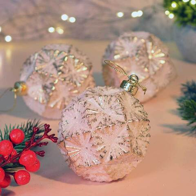 Шар новогодний 3шт 8см "Иней с золотыми гранями"