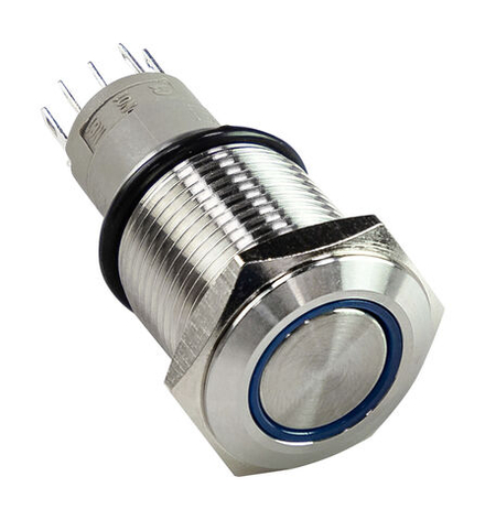Кнопка без фиксации 12 В 3А, OFF-(ON) 5P, D16 синяя подсветка