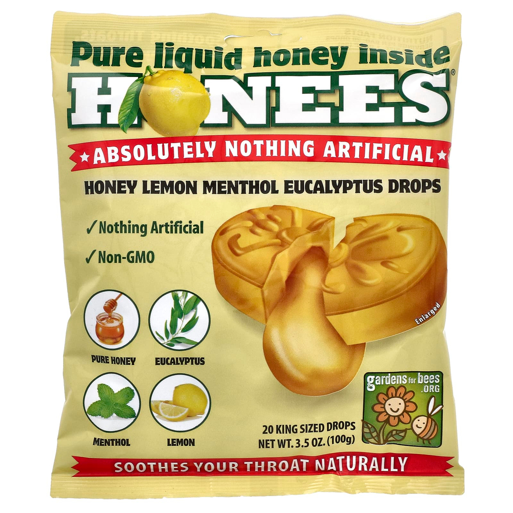 Honees, леденцы от кашля с медом, лимоном, ментолом и эвкалиптом, 20 больших леденцов, 100 г (3,5 унции)
