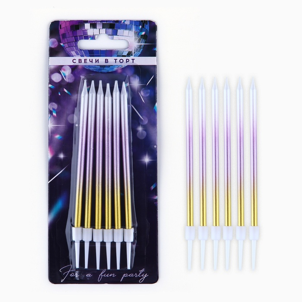 Свечи для торта розово/серебр/золотой градиент 13 см (6 шт/уп)
