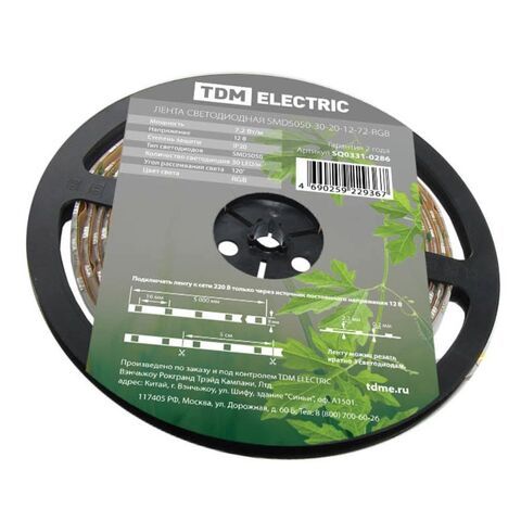 Лента светодиодная SMD 5050, 60LED/м, 12 В, 4.8 Вт, IP65, 5 м, TDM, SQ0331-0310