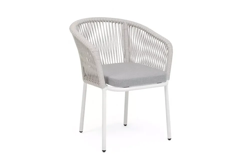 "Марсель" стул плетеный из роупа, каркас алюминий белый муар, роуп светло-серый меланж круглый tex, ткань светло-серая