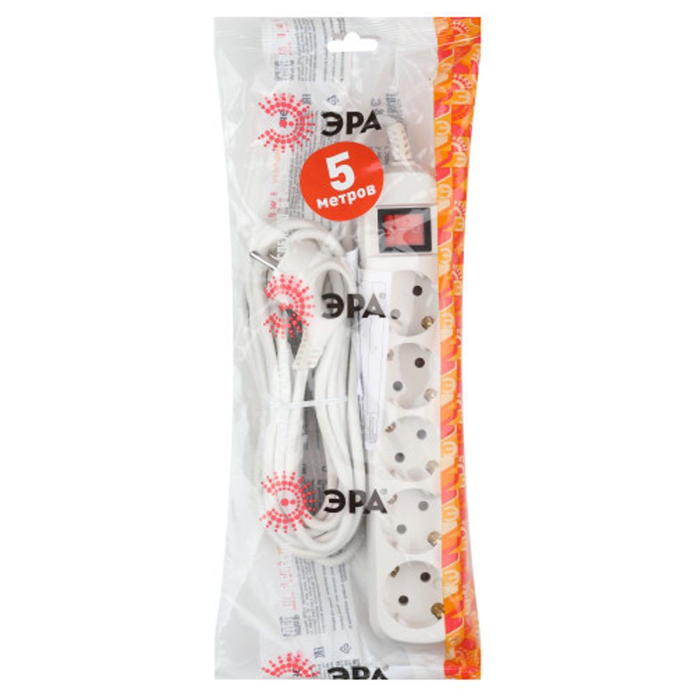 Удлинитель электрический ЭРА UX-5es-5m с заземлением с выключателем 5 розеток 5 м ПВС 3x0,75мм2 10А