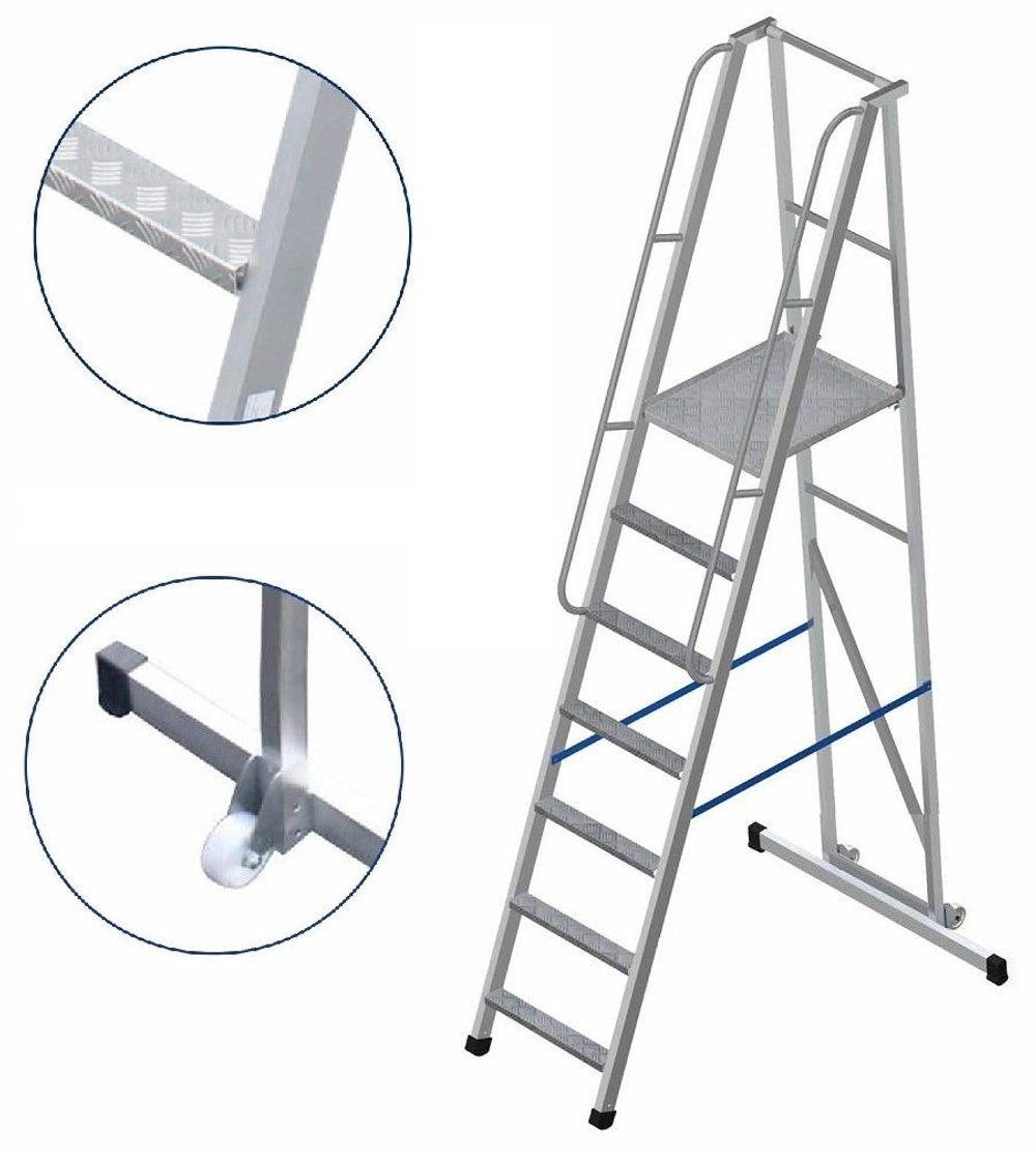 Лестница-платформа фиксированной высоты алюминиевая MEGAL ЛПФВА Н=1.8-8 пер. с трав. и шир. ступ.