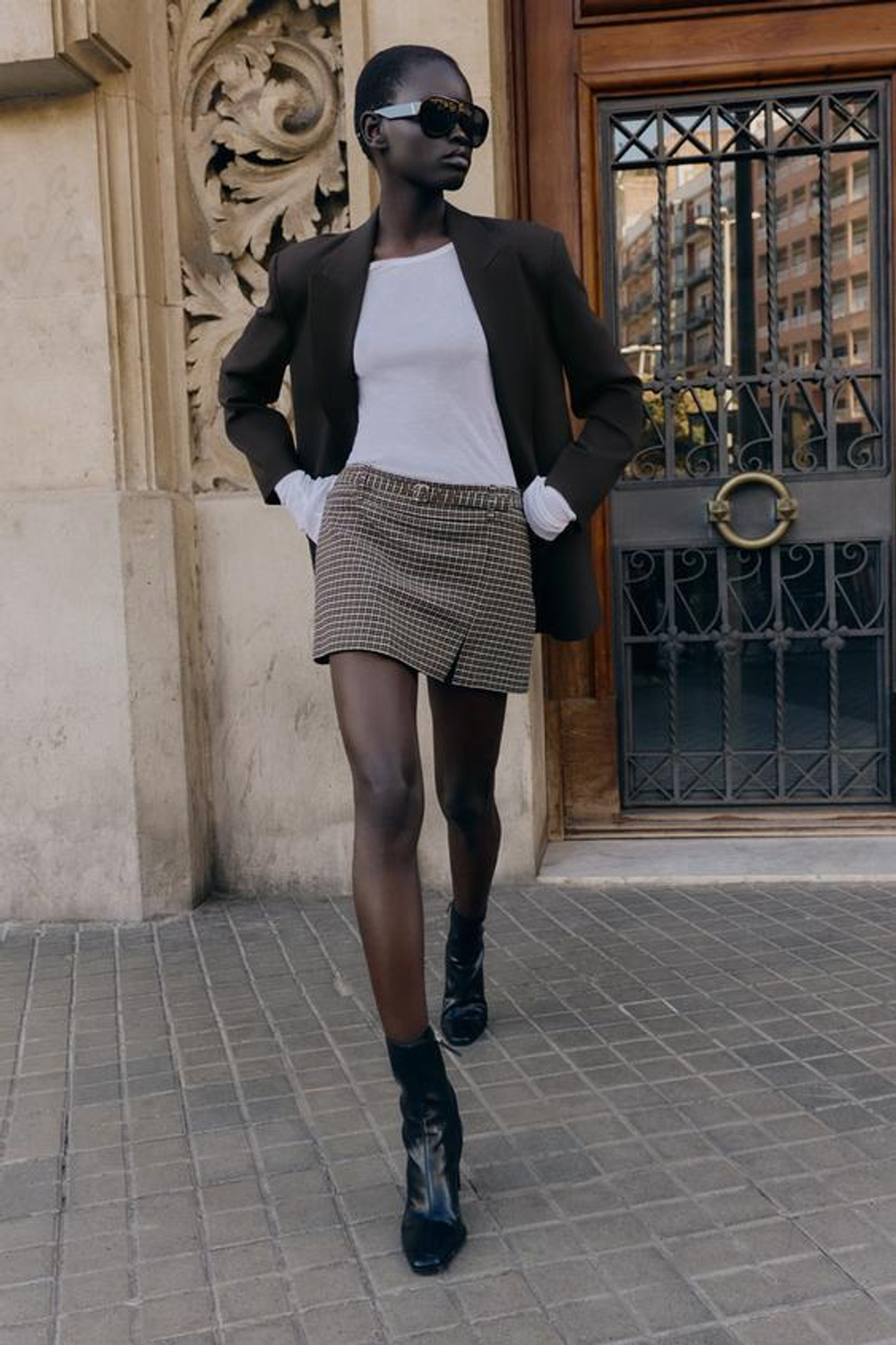 ZARA ЮБКА-ШОРТЫ «ГУСИНАЯ ЛАПКА» С РЕМНЕМ, СЕРЫЙ/НЕЖНО-КОРИЧНЕВЫЙ