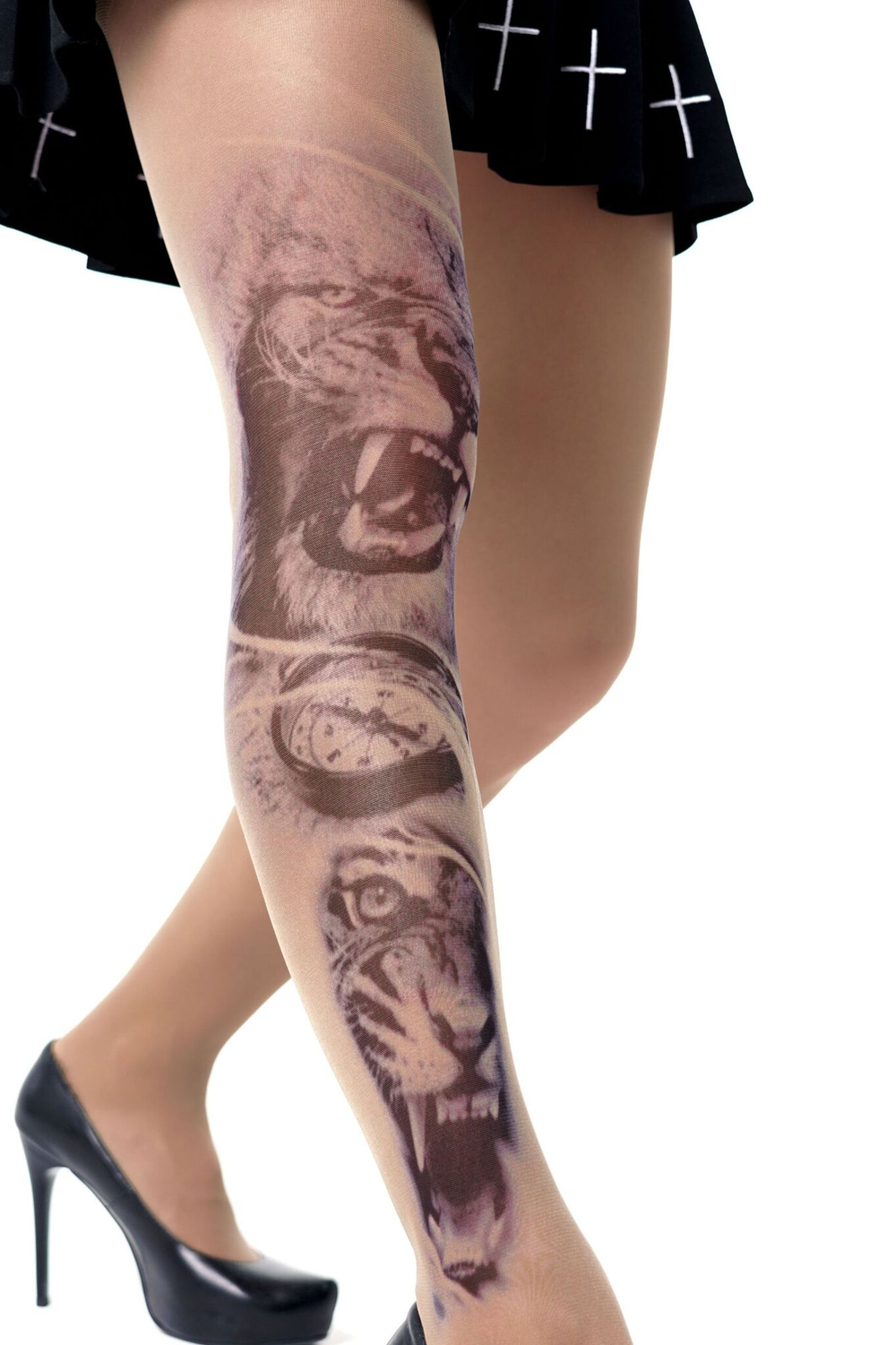 Колготки с принтом в виде льва и тигра (Размер: S-M-L) (Цвет: бежевый)