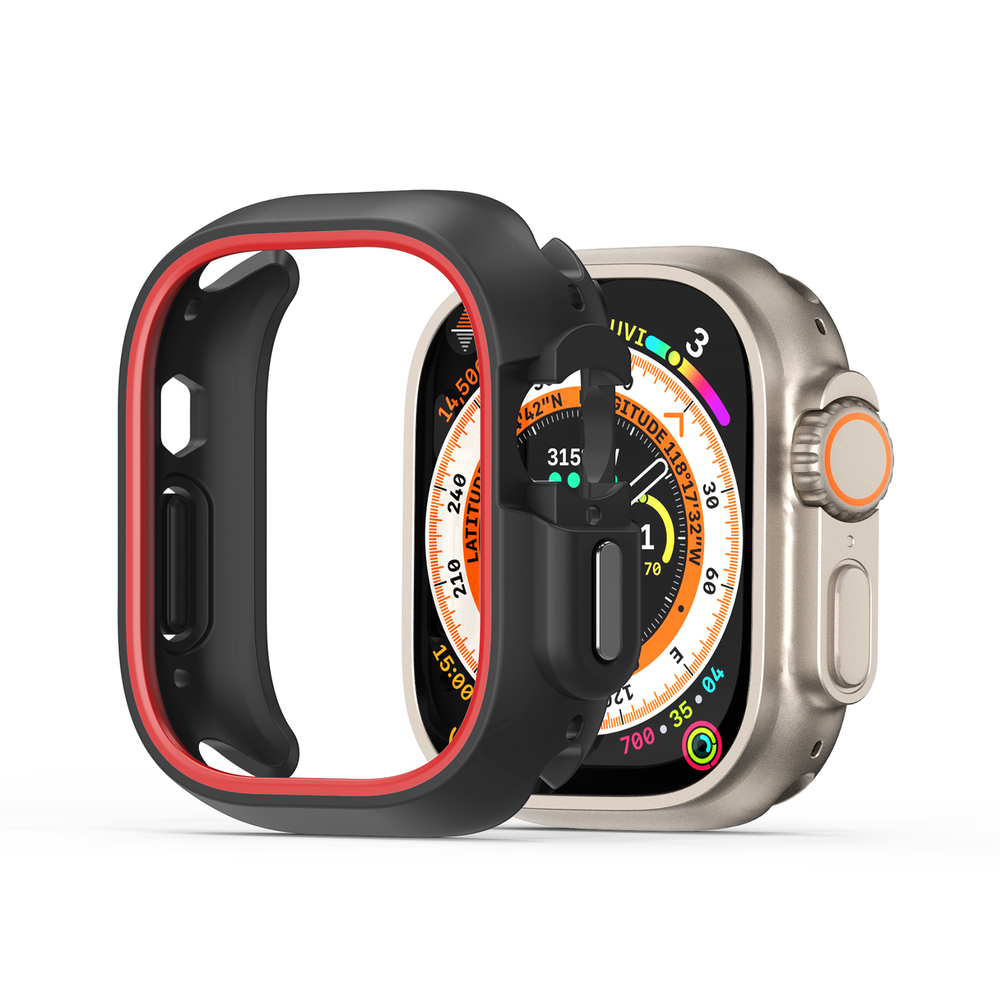 Чехол-бампер для часов Apple Watch Ultra 1 и 2 размер 49мм, черный с красной вставкой (Black/Red) от Dux Ducis, серия Bamo Series Case