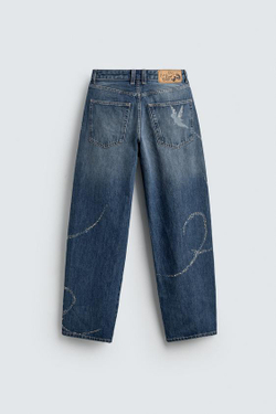 ZARA HARRY LAMBERT X DISNEY ДЖИНСЫ TRF BAGGY FIT СО СТРАЗАМИ «ПИТЕР ПЭН», СИНИЙ