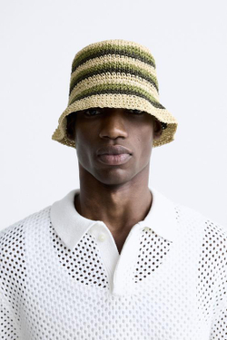 ZARA ШЛЯПА ИЗ КРУЖЕВА КРОШЕ В ПОЛОСКУ, СВЕТЛО-БЕЖЕВЫЙ