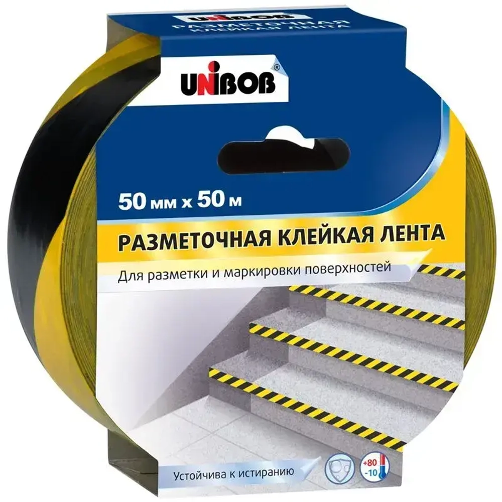 Клейкая лента разметочная 50 м * 50 мм желто-черная, Unibob