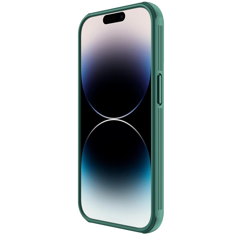 Чехол зеленого цвета (Deep Green) с сдвижной шторкой для камеры на смартфон iPhone 14 Pro от Nillkin, серия CamShield Pro Case
