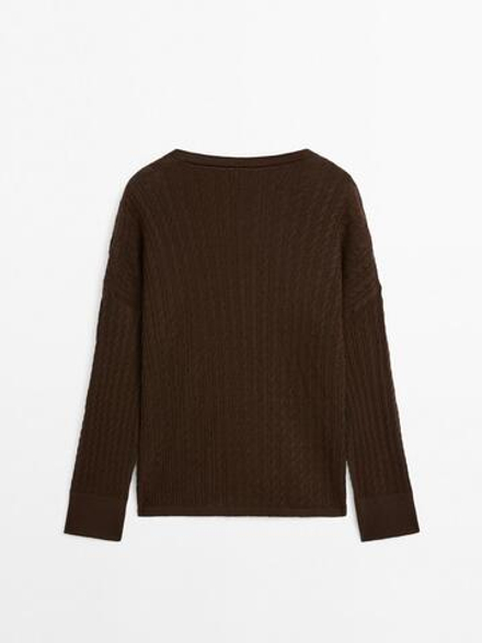 Massimo Dutti Свитер косовой вязки с V-образным вырезом, коричневый