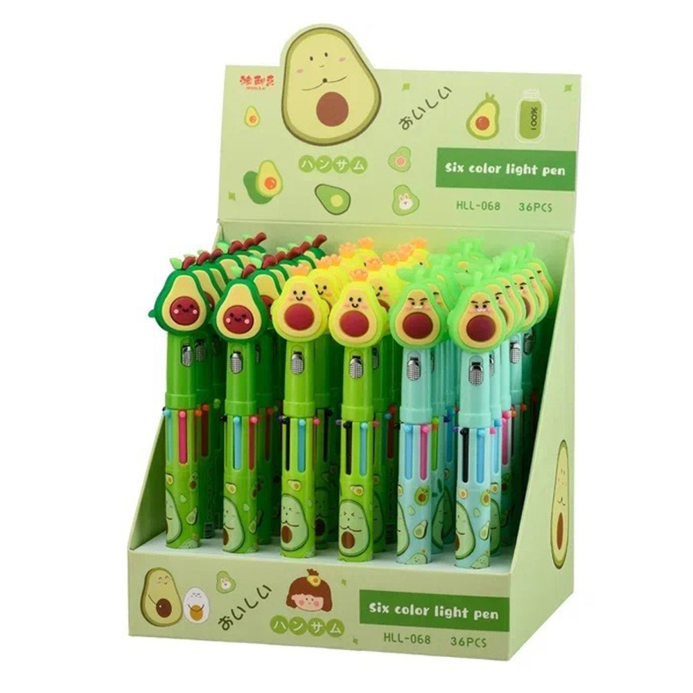 Ручка шариковая, автоматическая, 6в1, Basir, 6-ти цветная, серия "Авокадо", с резиновой фигуркой и фонариком, 36 шт