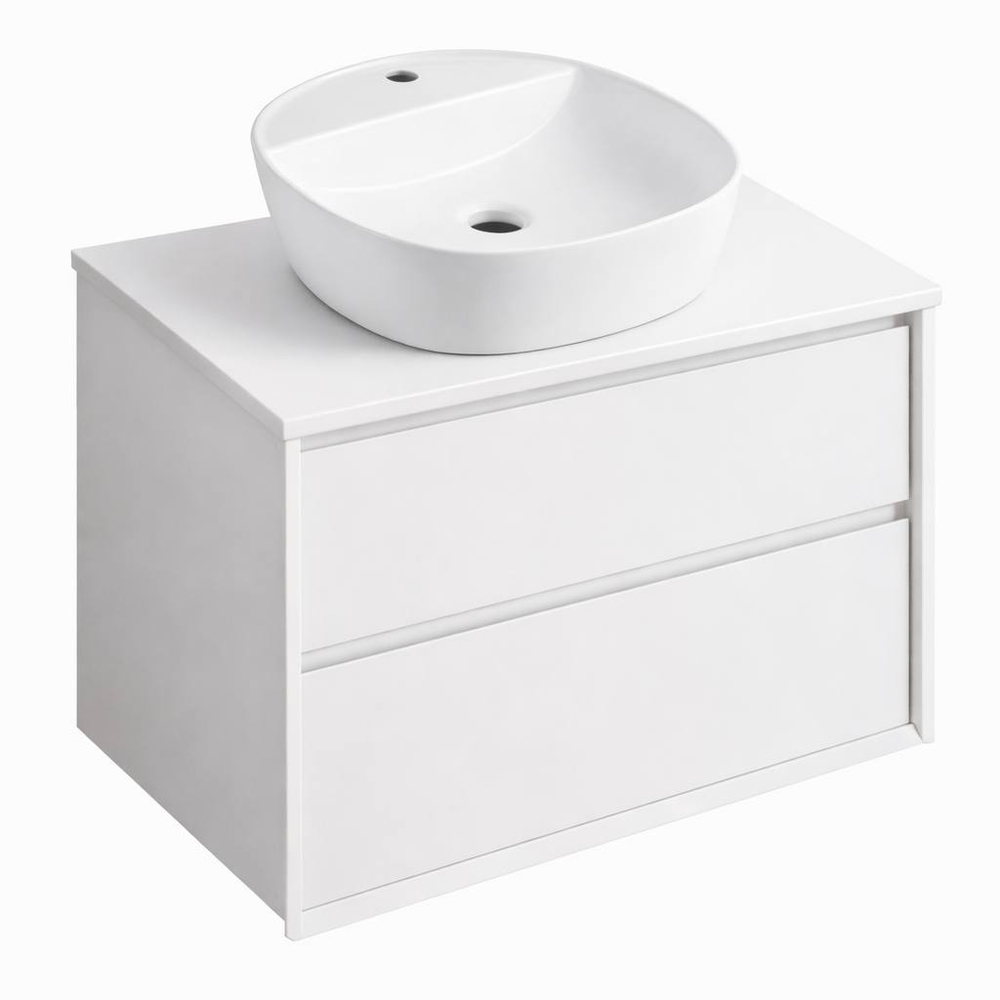 Тумба под раковину COOL с 2 выдвижными ящиками 60x45x54 CL.060.WM белый+Столешница накладная на тумбу для раковины-чаши FLAT 61x46 EP061.W белый+Раковина накладная овальная, с полочкой для смесителя 405x405x120 мм SPIN 40 CG. 23541 белый