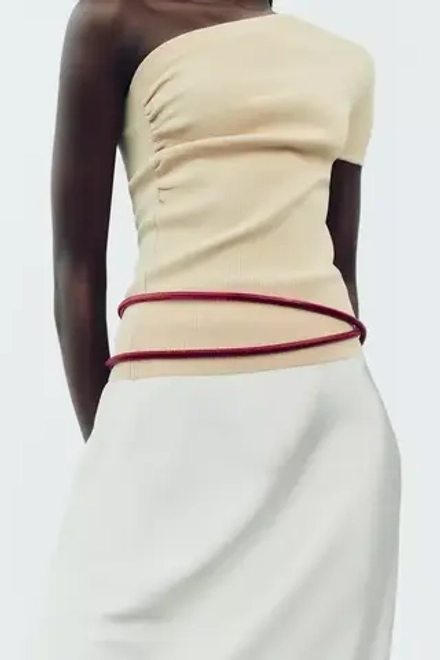 ZARA ТРИКОТАЖНЫЙ ТОП АСИММЕТРИЧНОГО КРОЯ СО СБОРКАМИ, ТЕМНО-БЕЖЕВЫЙ
