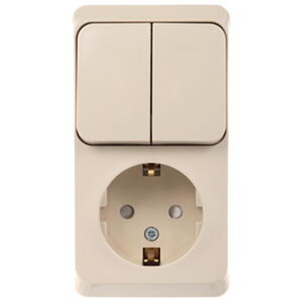 Schneider Electric ЭТЮД Крем Блок: Розетка с заземляющими контактами со шторками + выключатель 2-клавишный открытая установка BPA16-202K
