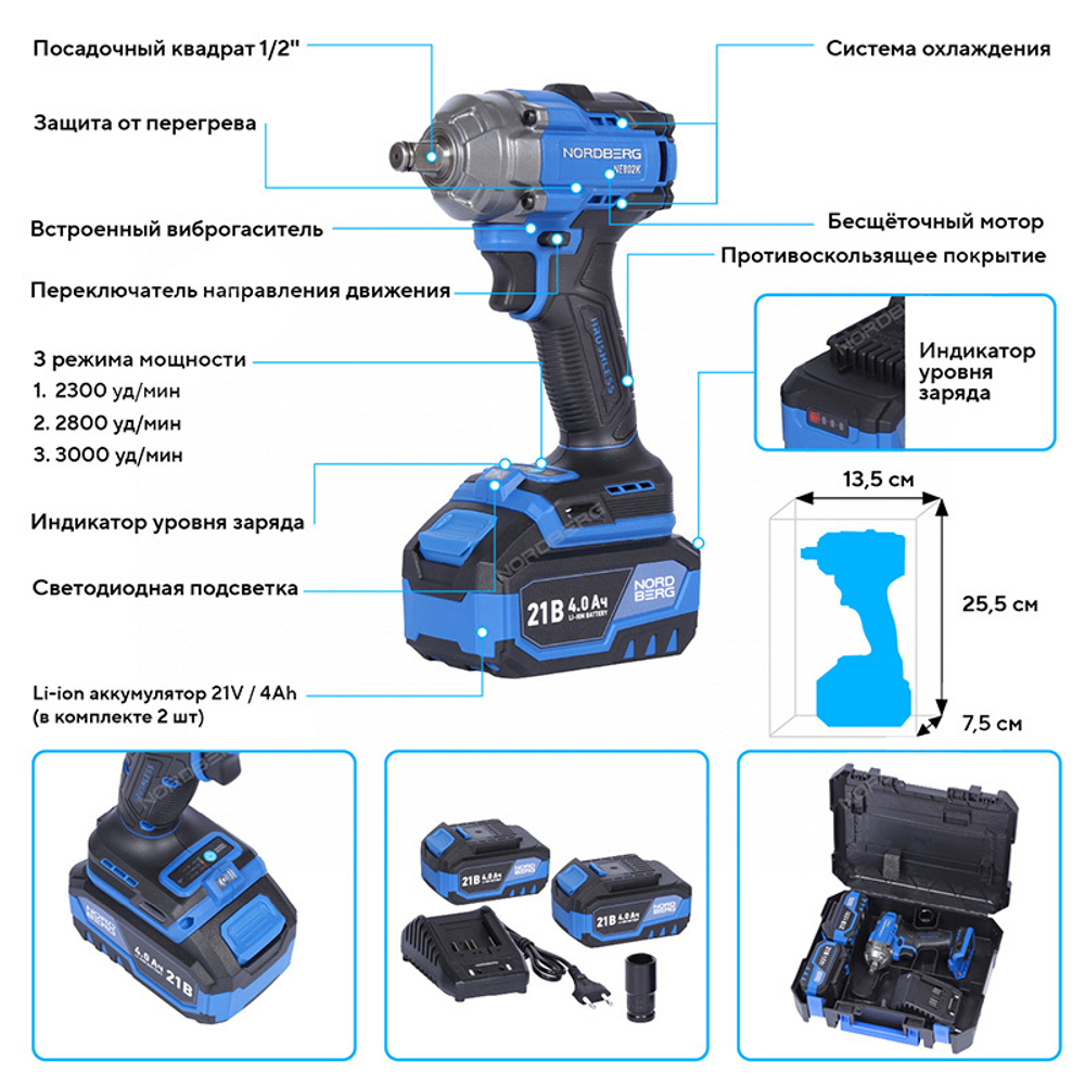 NORDBERG (NE802K) Гайковерт аккумуляторный, 1/2", 21В, 500 Нм с двумя 4A акк. и зар. уст-вом, в кейсе