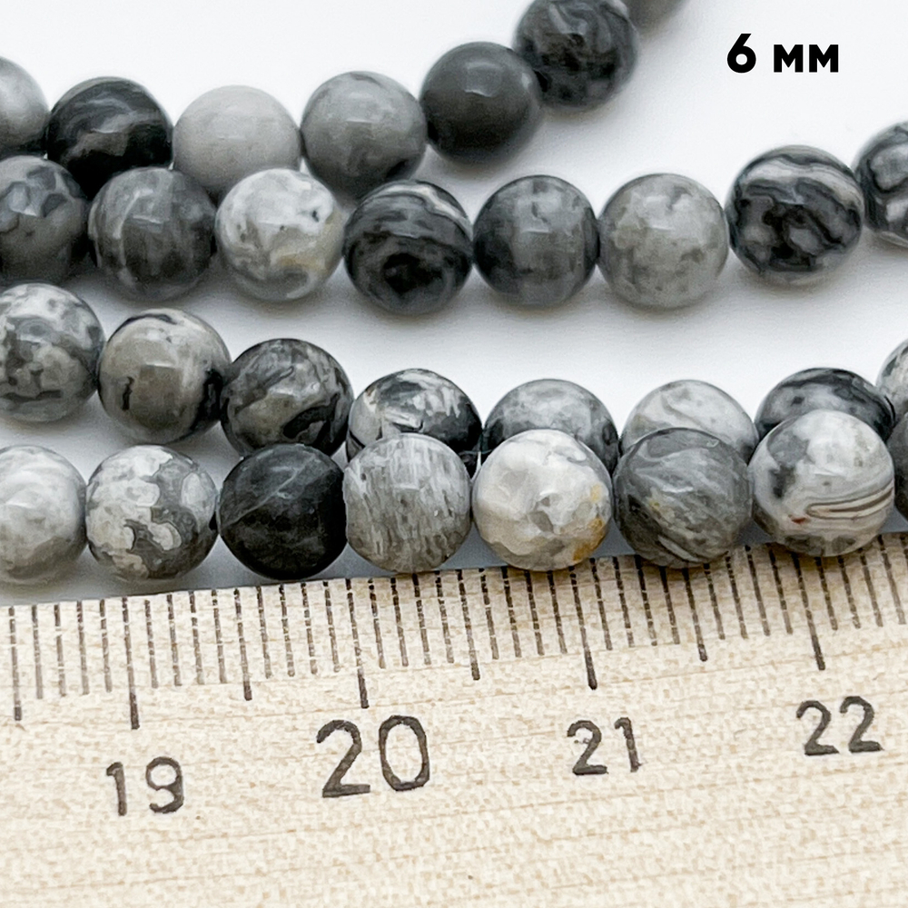 Доломит бусины ("Серая яшма"), диаметр 6,3-6,6 мм, цена за 29-30 шт (1/2 нити)