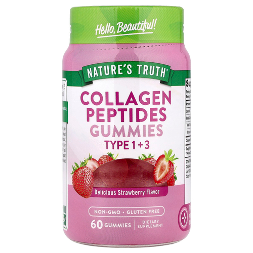 Nature's Truth, жевательные таблетки с пептидами коллагена типов 1 и 3, со вкусом клубники, 60 жевательных таблеток