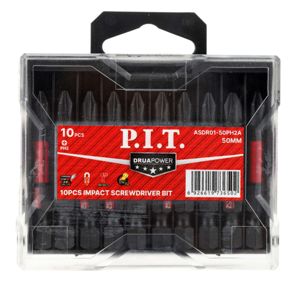 Бита ударная магнитная P.I.T. DRUA PH2x50 мм, IMPACT, торсионная зона, 10 шт, кейс(ASDR01-50PH2A)