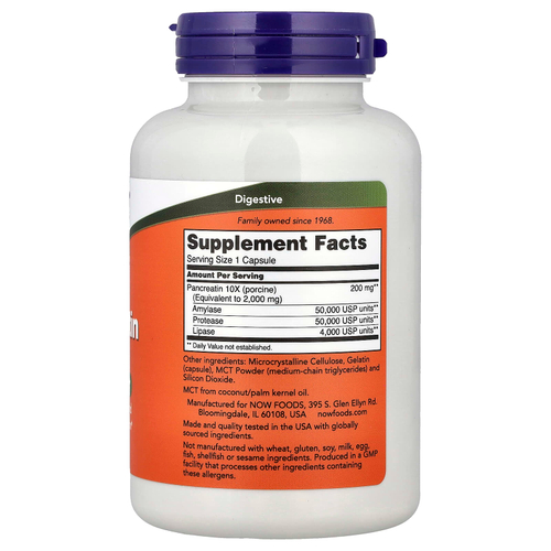 NOW Foods, панкреатин, 10X — 200 мг, 250 капсул