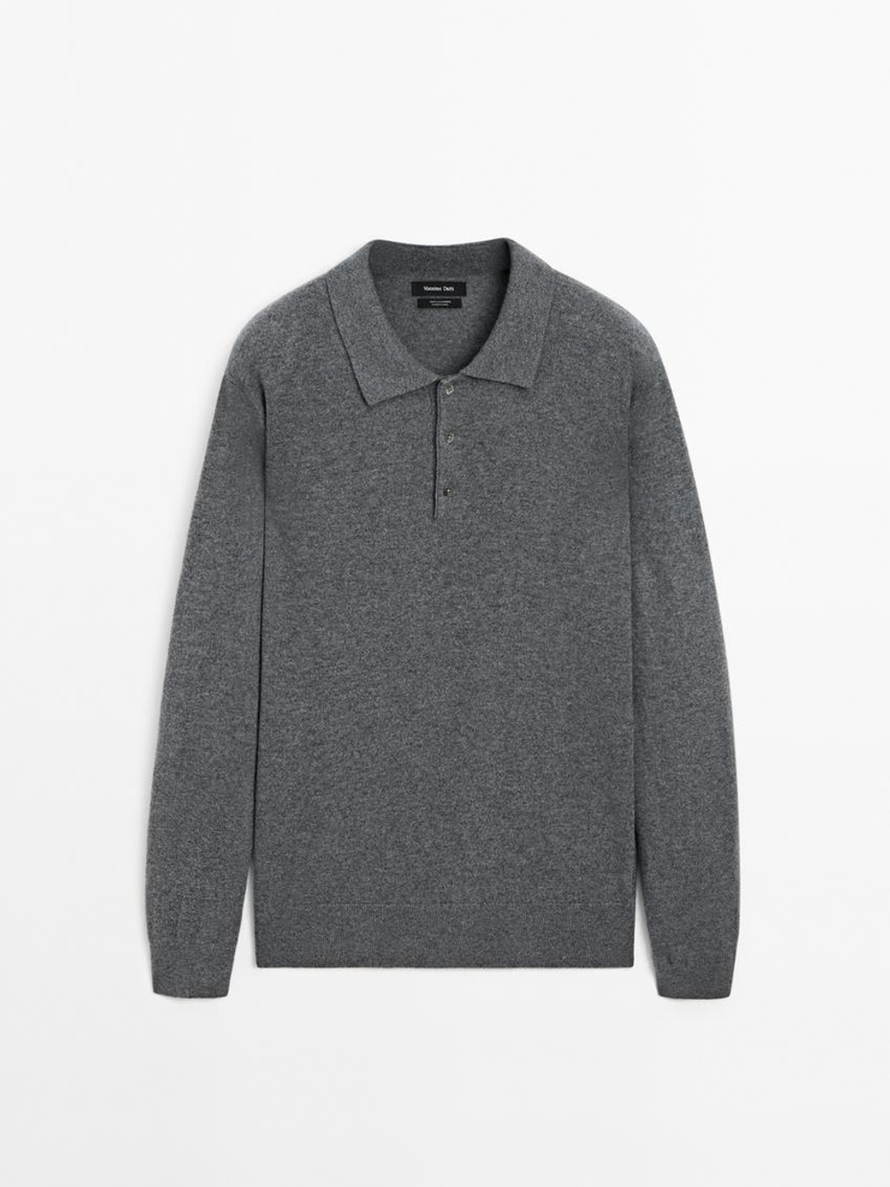 Massimo Dutti Свитер из 100% кашемира с воротником-поло, серый меланж