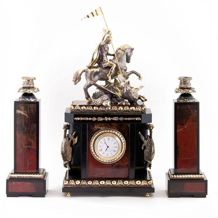 Каминные часы с подсвечниками "Георгий Победоносец" яшма R113588