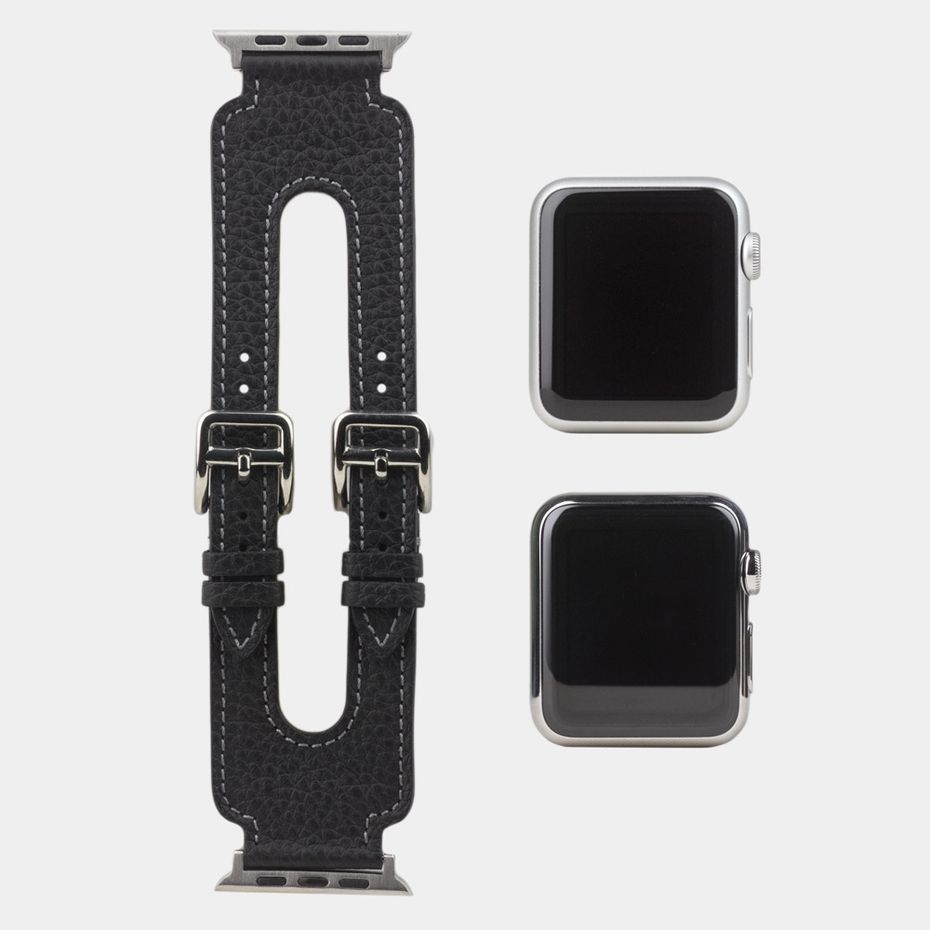Ремешок для Apple Watch 44/45мм ST Double Buckle из натуральной кожи теленка, цвета черный мат