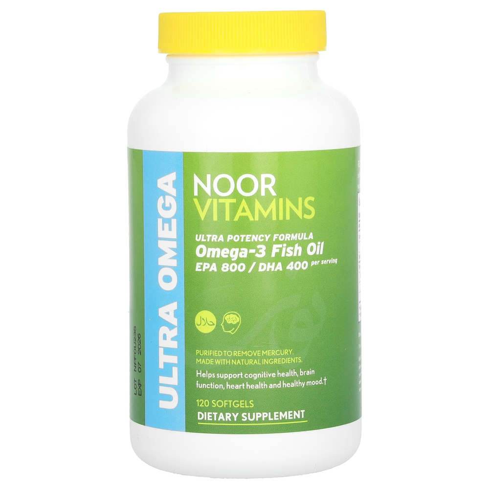 Noor Vitamins, Ultra Omega, рыбий жир с омега-3, формула для повышения эффективности, 120 мягких таблеток
