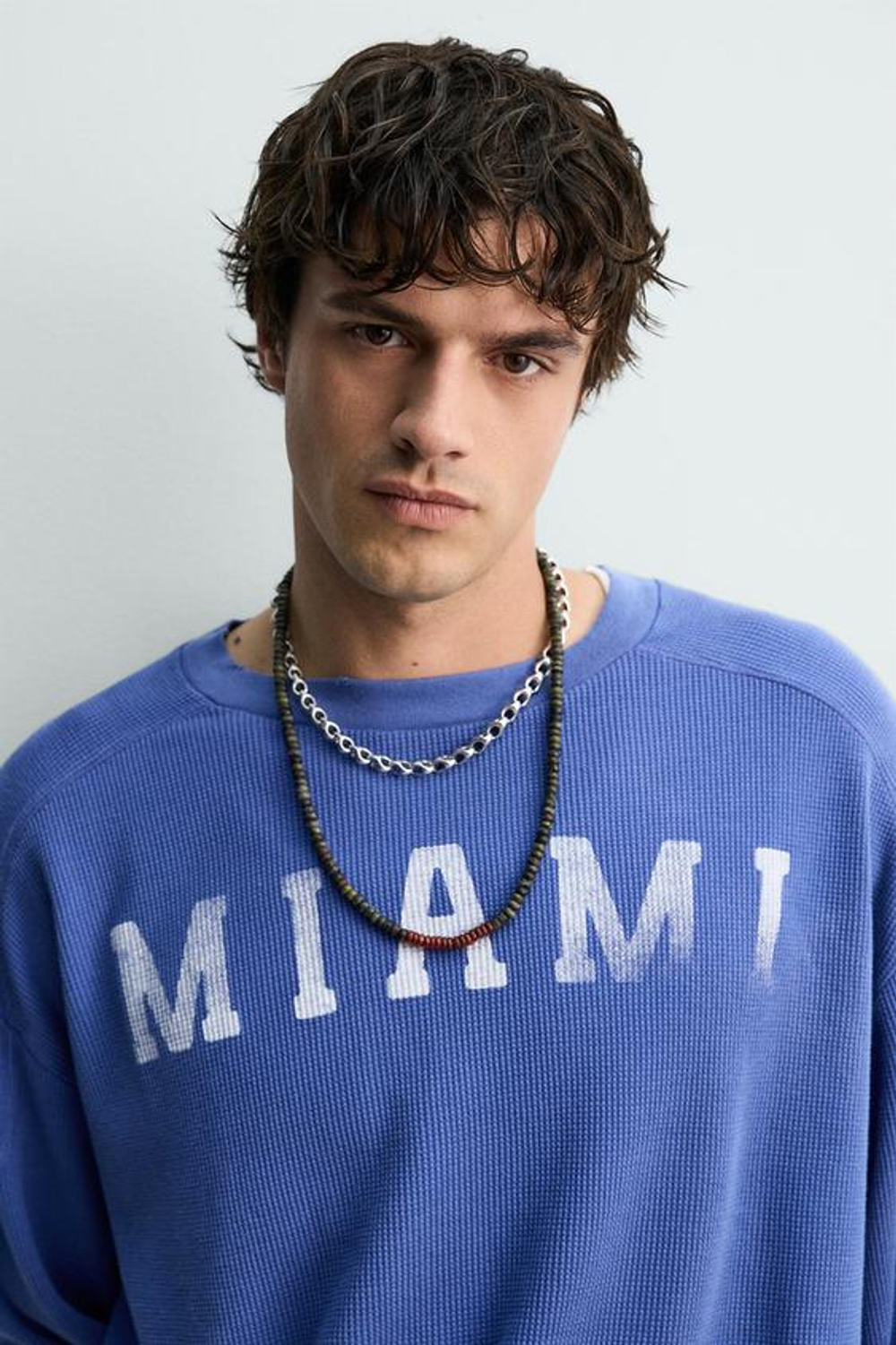 ZARA ФУТБОЛКА ВАФЕЛЬНОГО ПЕРЕПЛЕТЕНИЯ MIAMI, СИНИЙ