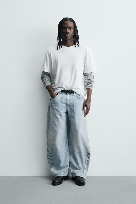 ZARA ДЖИНСЫ BALLOON FIT НА МОЛНИИ, ЗЕЛЕНОВАТО-СИНИЙ