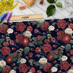 Ткань блэкаут бархатные маки и белые розы на тёмно-синем фоне