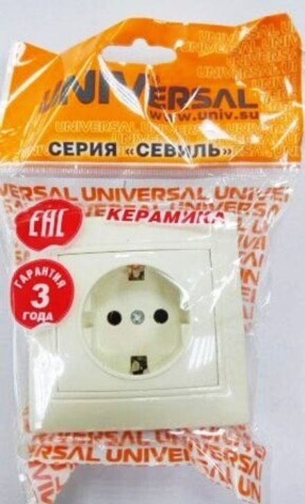 Розетка одноместная "UNIVersal" серия "Севиль" с/з, с/у, 16А, 220В, "слоновая кость" (ivory) (евросл