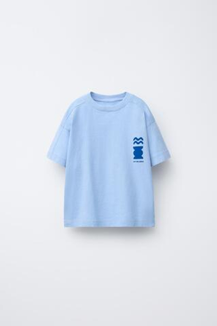 ZARA ФУТБОЛКА GARMENT DYE С ПРИНТОМ, ГОЛУБОЙ