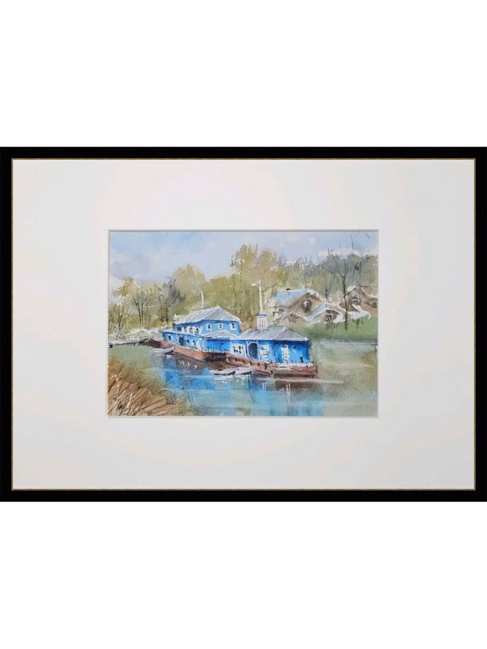 Картина авторская акварельная в паспарту 21х30 см на стену для интерьера "Пристань у кремля. Рязань"