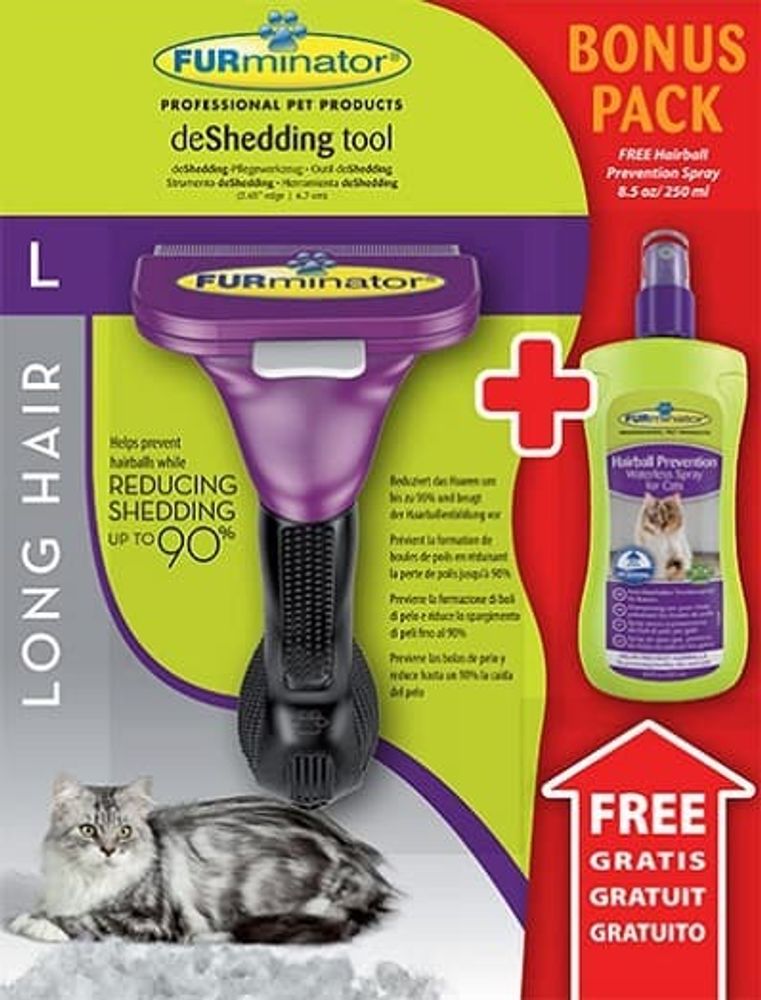 FURminator Long Hair Large Cat 7 см + FURminator шампунь-спрей от колтунов без смывания 250 мл