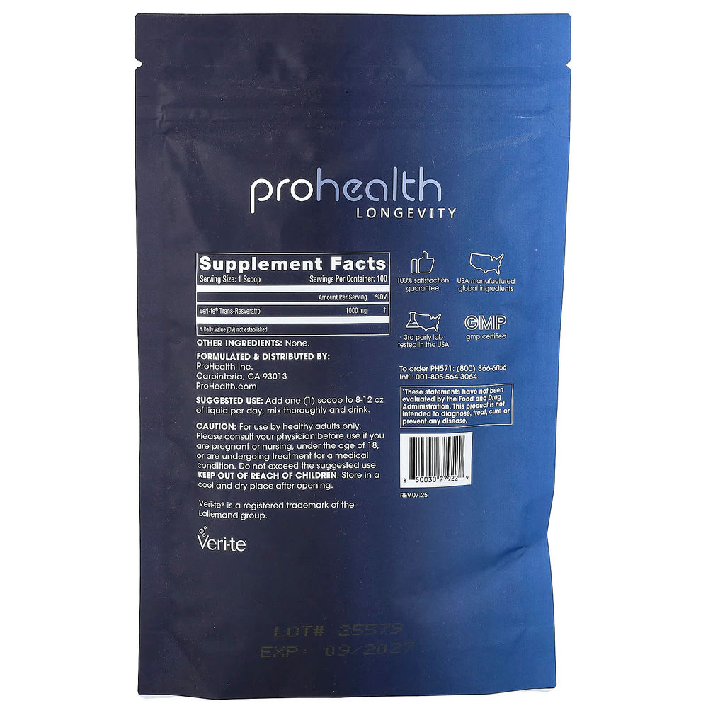 ProHealth Longevity, чистый транс-ресвератрол в порошке, 100 г (3,5 унции)