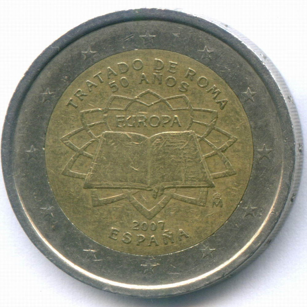 2 евро 2007 год. Испания. 50 лет подписания Римского договора. Биметалл VF