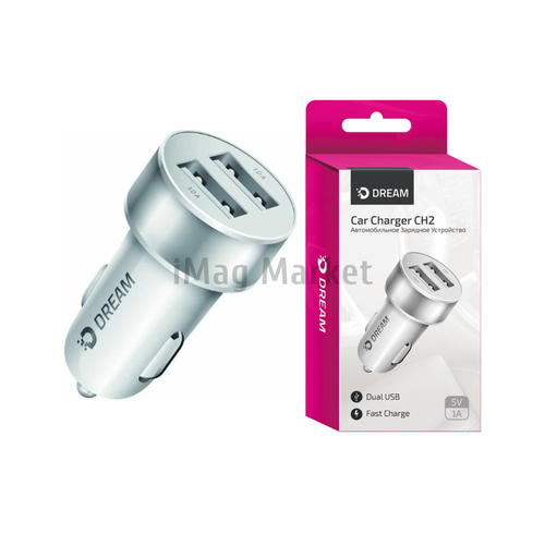 Автомобильное зарядное устройство Dream CH2, 2 USB-A, 5W, 1A, бело-серый
