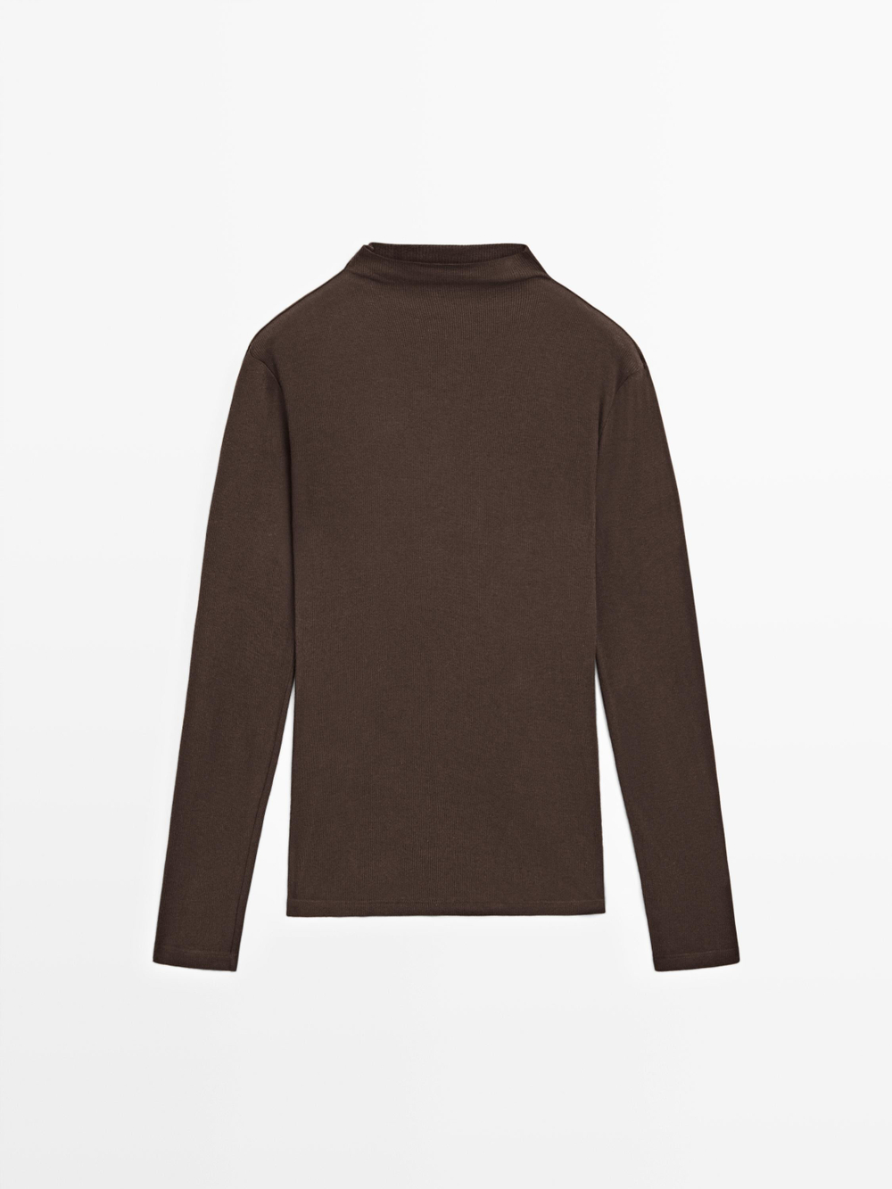 Massimo Dutti Хлопковая футболка в рубчик с длинными рукавами, коричневый