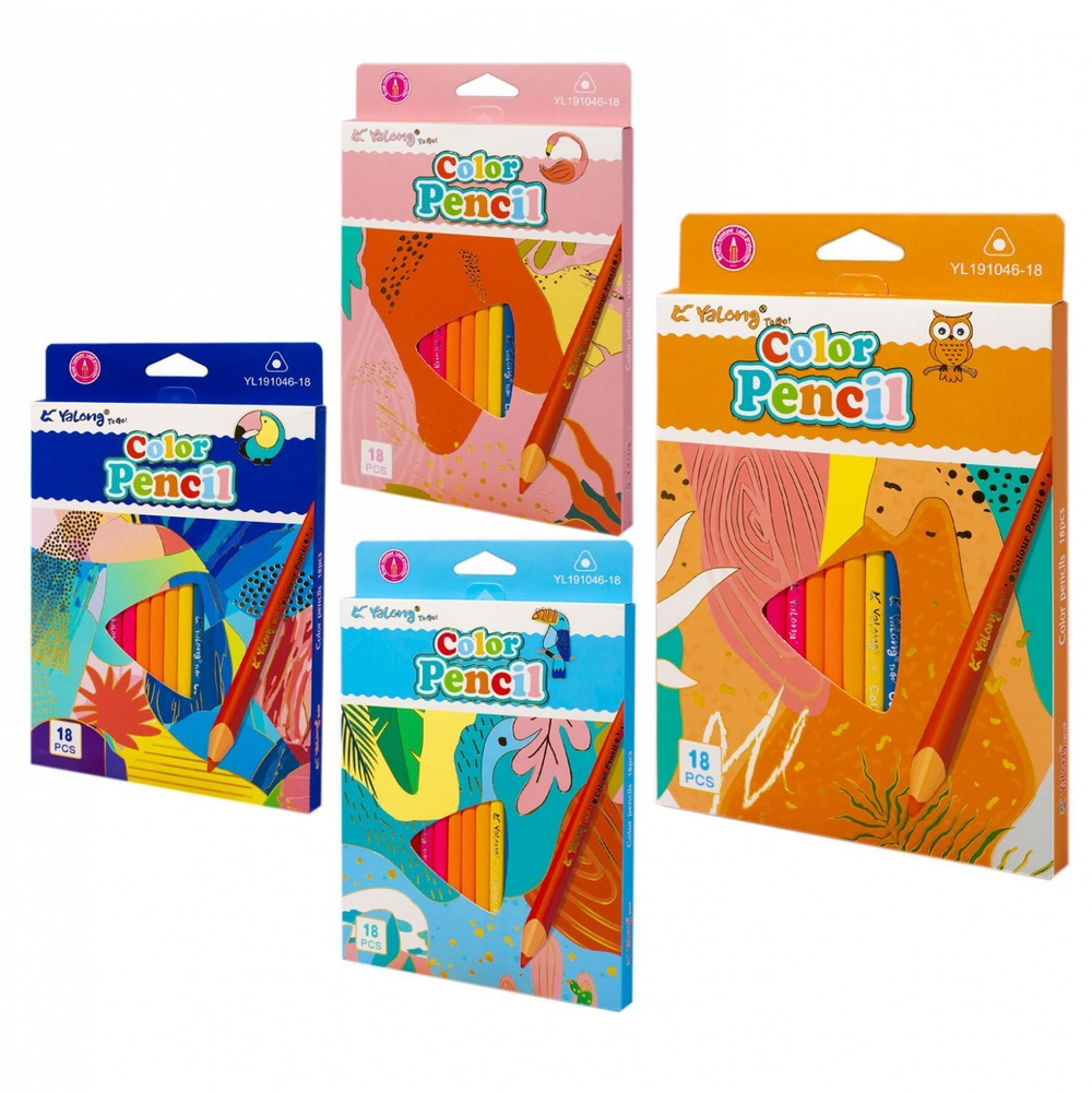 Карандаши цветные Yalong 18 цв., "Birds" деревянные, трехгранные, заточенные, грифель 2.8 мм, картон. уп., европодвес